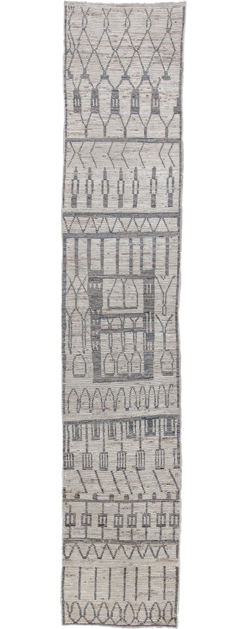 3' x 16' one-of-a-kind handmade vintage Tulu runner rug. Color palette: ivory, charcoal, taupe, gray, black, beige
