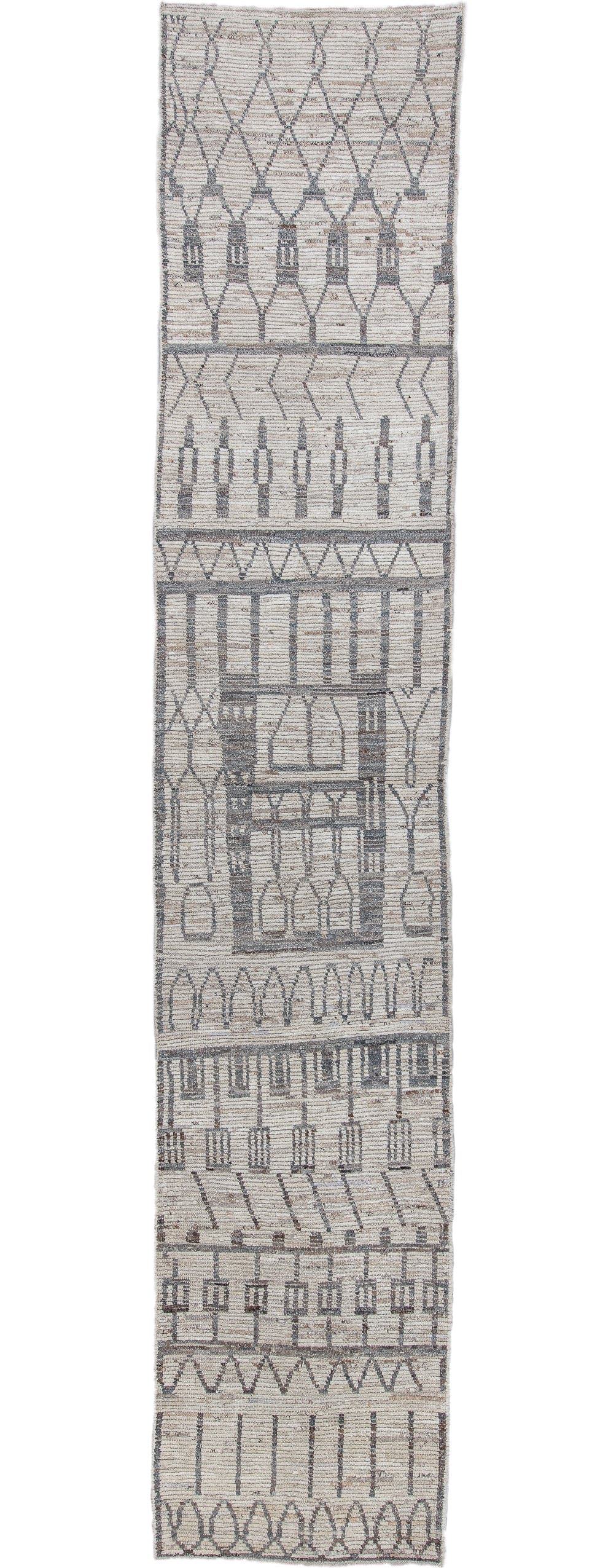 3' x 16' one-of-a-kind handmade vintage Tulu runner rug. Color palette: ivory, charcoal, taupe, gray, black, beige