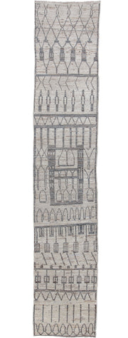 3' x 16' one-of-a-kind handmade vintage Tulu runner rug. Color palette: ivory, charcoal, taupe, gray, black, beige