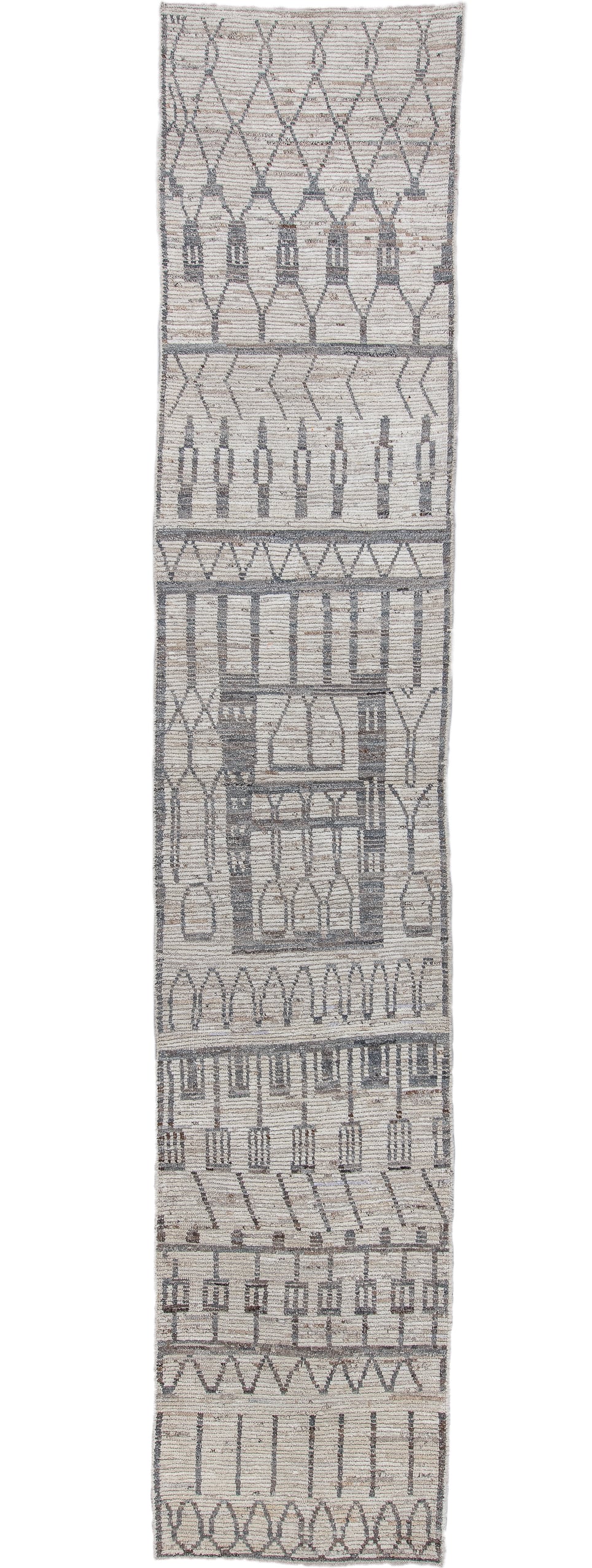 3' x 16' one-of-a-kind handmade vintage Tulu runner rug. Color palette: ivory, charcoal, taupe, gray, black, beige
