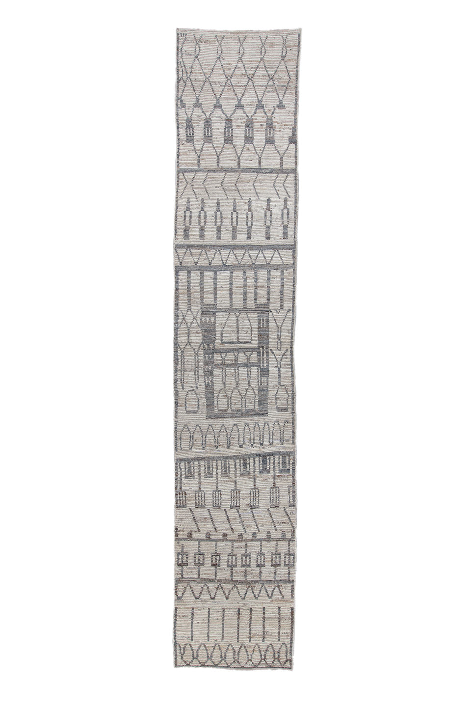 3' x 16' one-of-a-kind handmade vintage Tulu runner rug. Color palette: ivory, charcoal, taupe, gray, black, beige