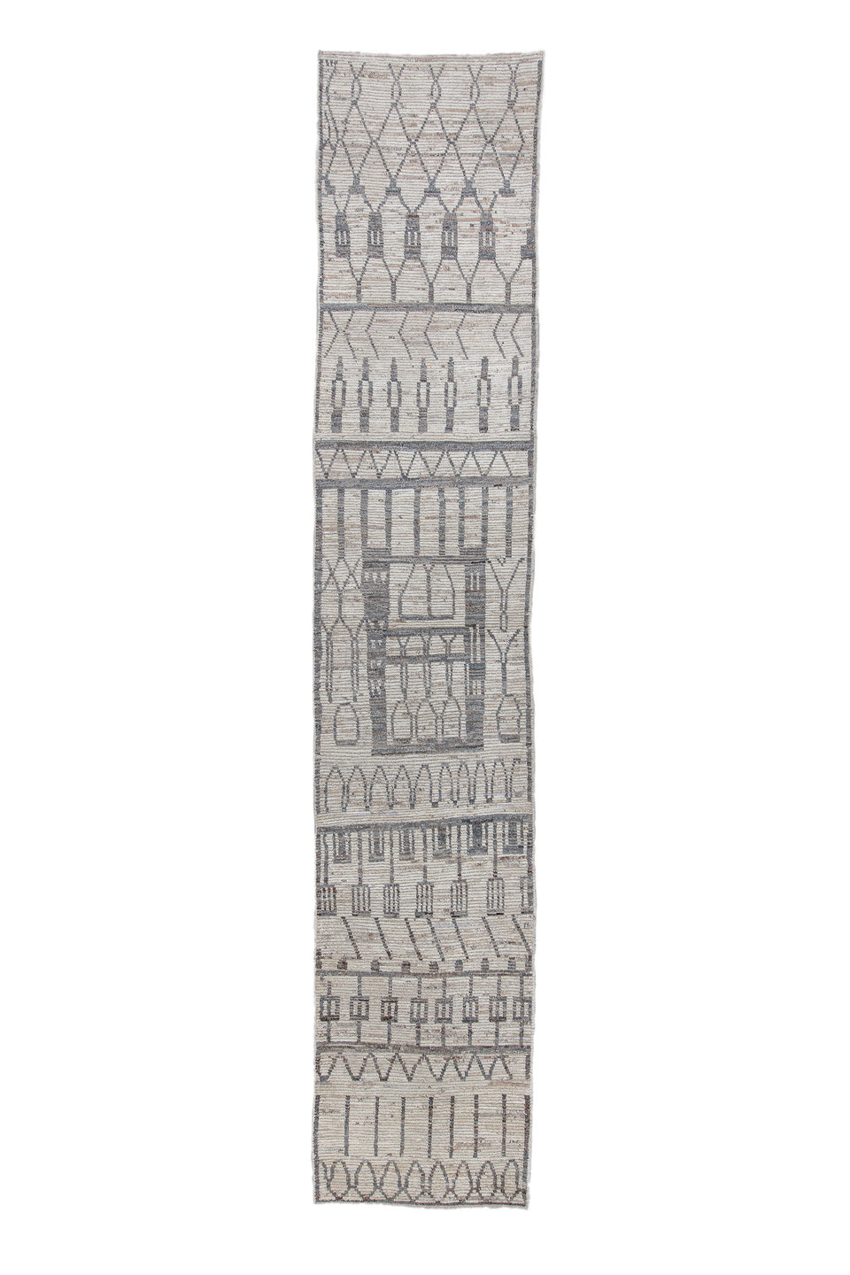 3' x 16' one-of-a-kind handmade vintage Tulu runner rug. Color palette: ivory, charcoal, taupe, gray, black, beige