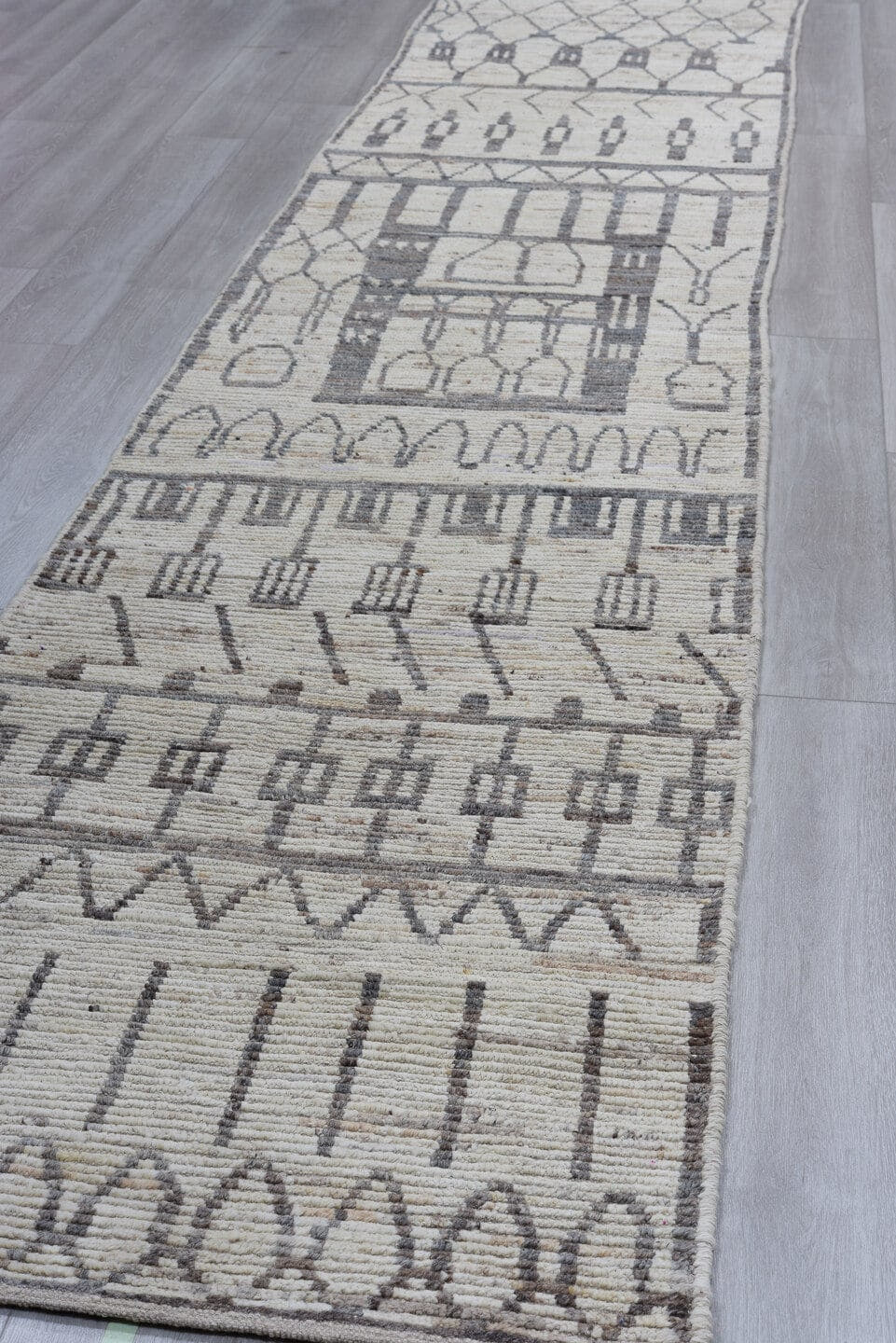 3' x 16' one-of-a-kind handmade vintage Tulu runner rug. Color palette: ivory, charcoal, taupe, gray, black, beige