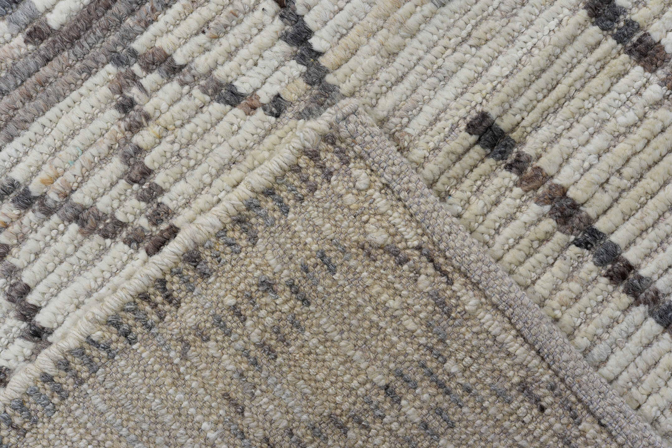 3' x 16' one-of-a-kind handmade vintage Tulu runner rug. Color palette: ivory, charcoal, taupe, gray, black, beige