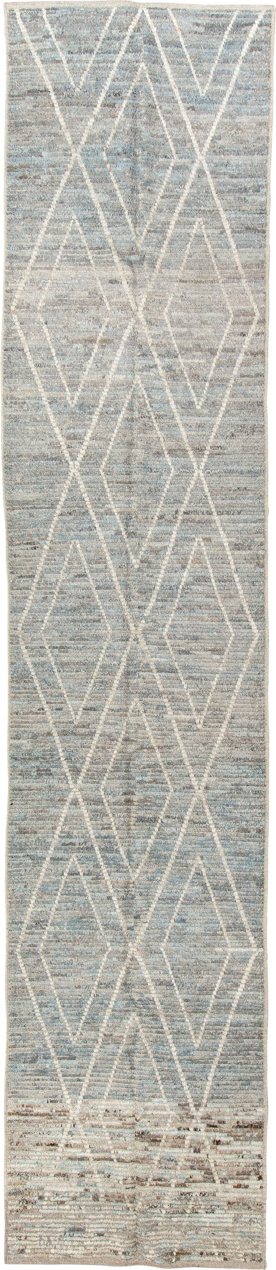 3' x 15' one-of-a-kind handmade vintage Tulu runner rug. Color palette: pale blue gray, ivory, taupe, cream, light brown