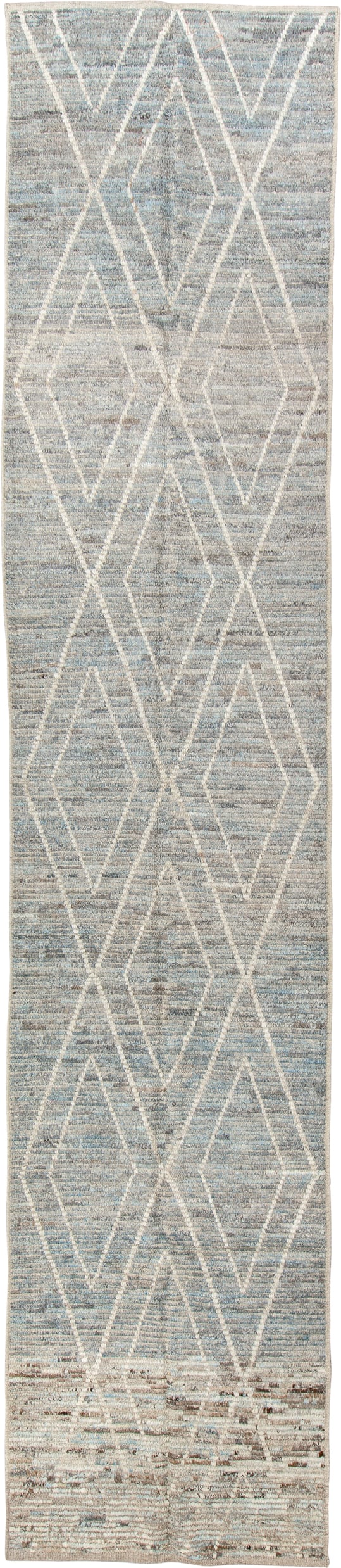 3' x 15' one-of-a-kind handmade vintage Tulu runner rug. Color palette: pale blue gray, ivory, taupe, cream, light brown