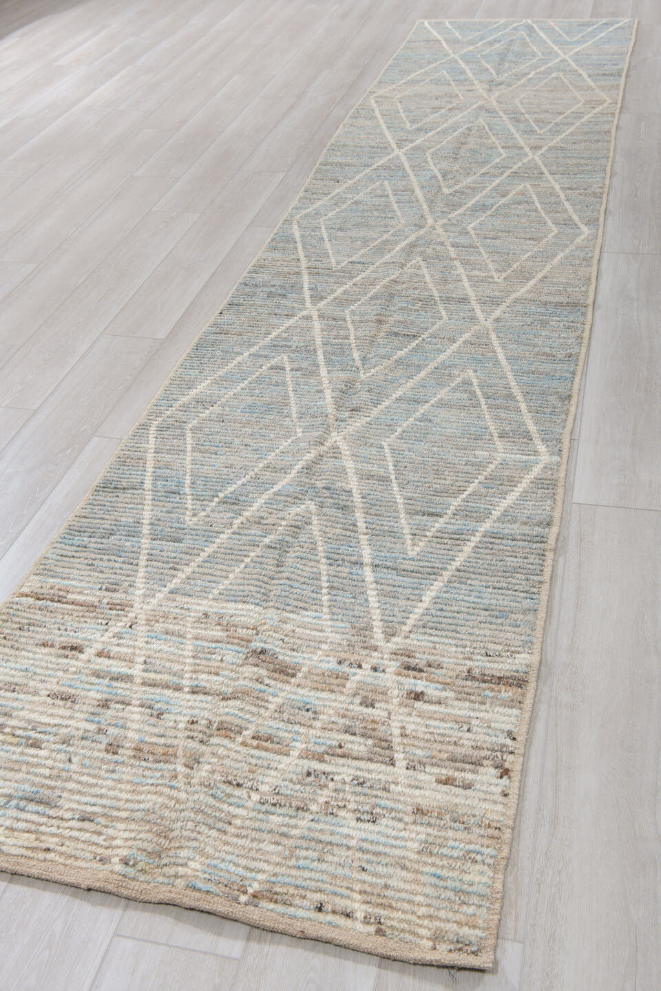 3' x 15' one-of-a-kind handmade vintage Tulu runner rug. Color palette: pale blue gray, ivory, taupe, cream, light brown