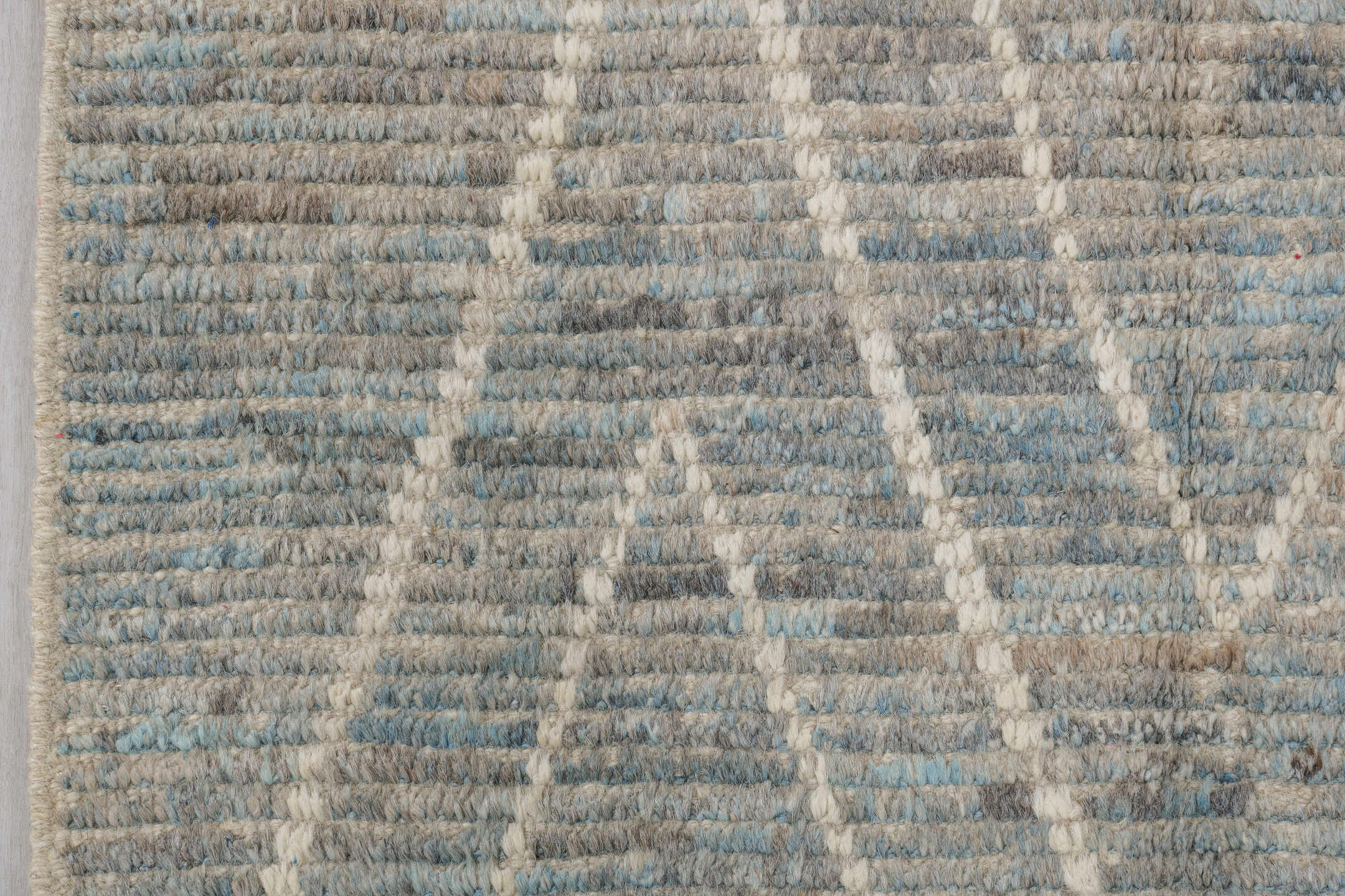 3' x 15' one-of-a-kind handmade vintage Tulu runner rug. Color palette: pale blue gray, ivory, taupe, cream, light brown