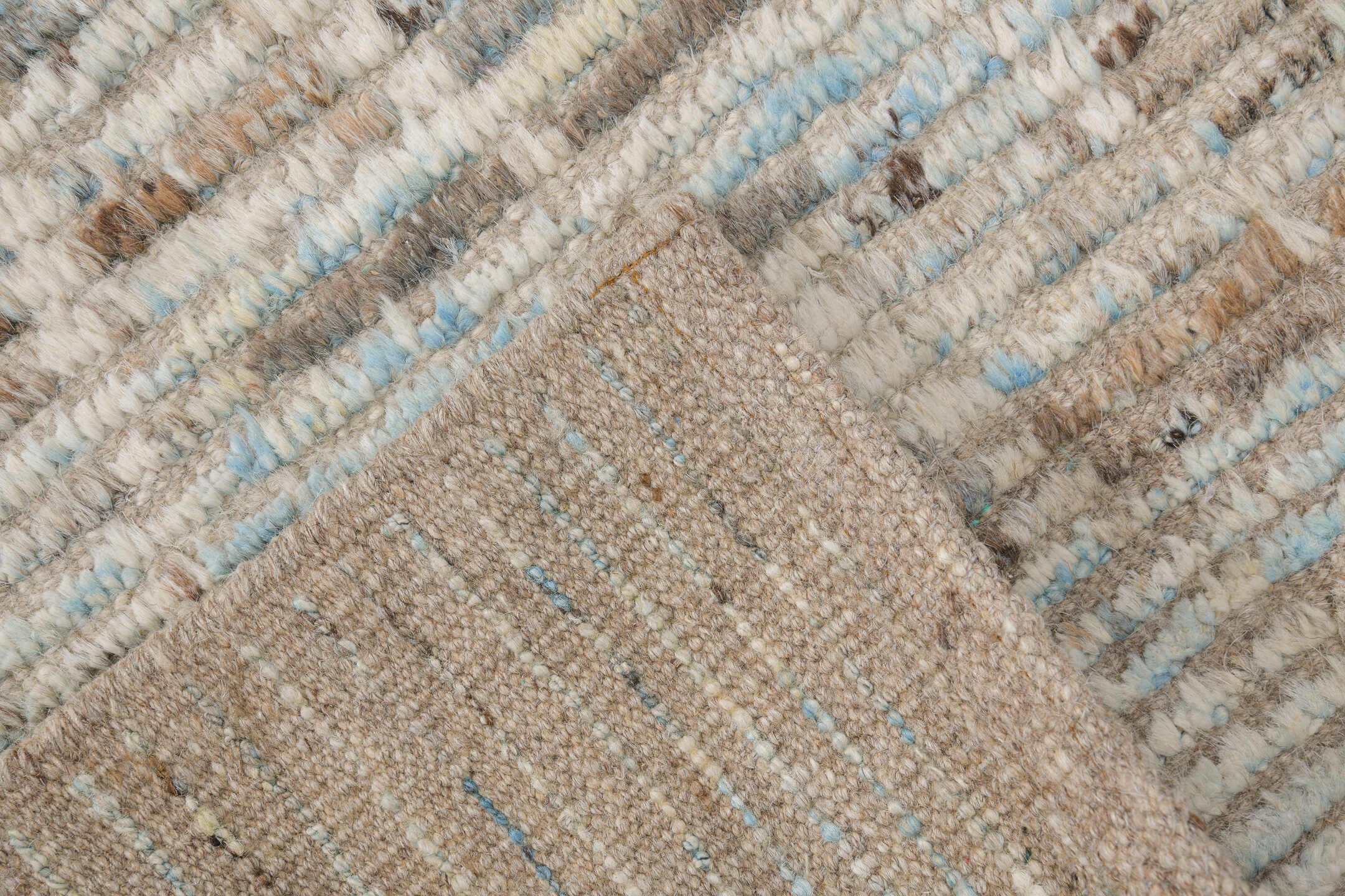 3' x 15' one-of-a-kind handmade vintage Tulu runner rug. Color palette: pale blue gray, ivory, taupe, cream, light brown