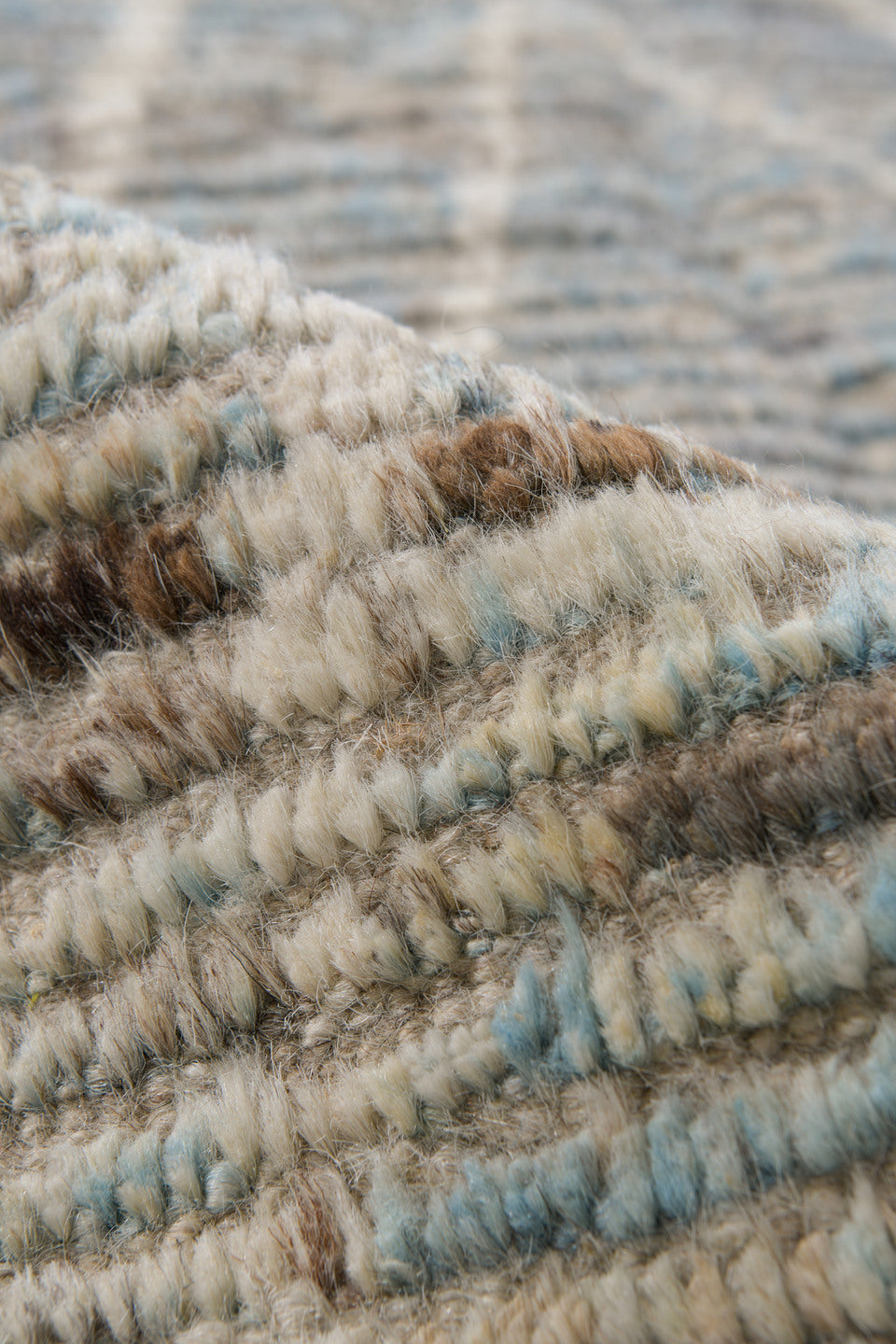 3' x 15' one-of-a-kind handmade vintage Tulu runner rug. Color palette: pale blue gray, ivory, taupe, cream, light brown