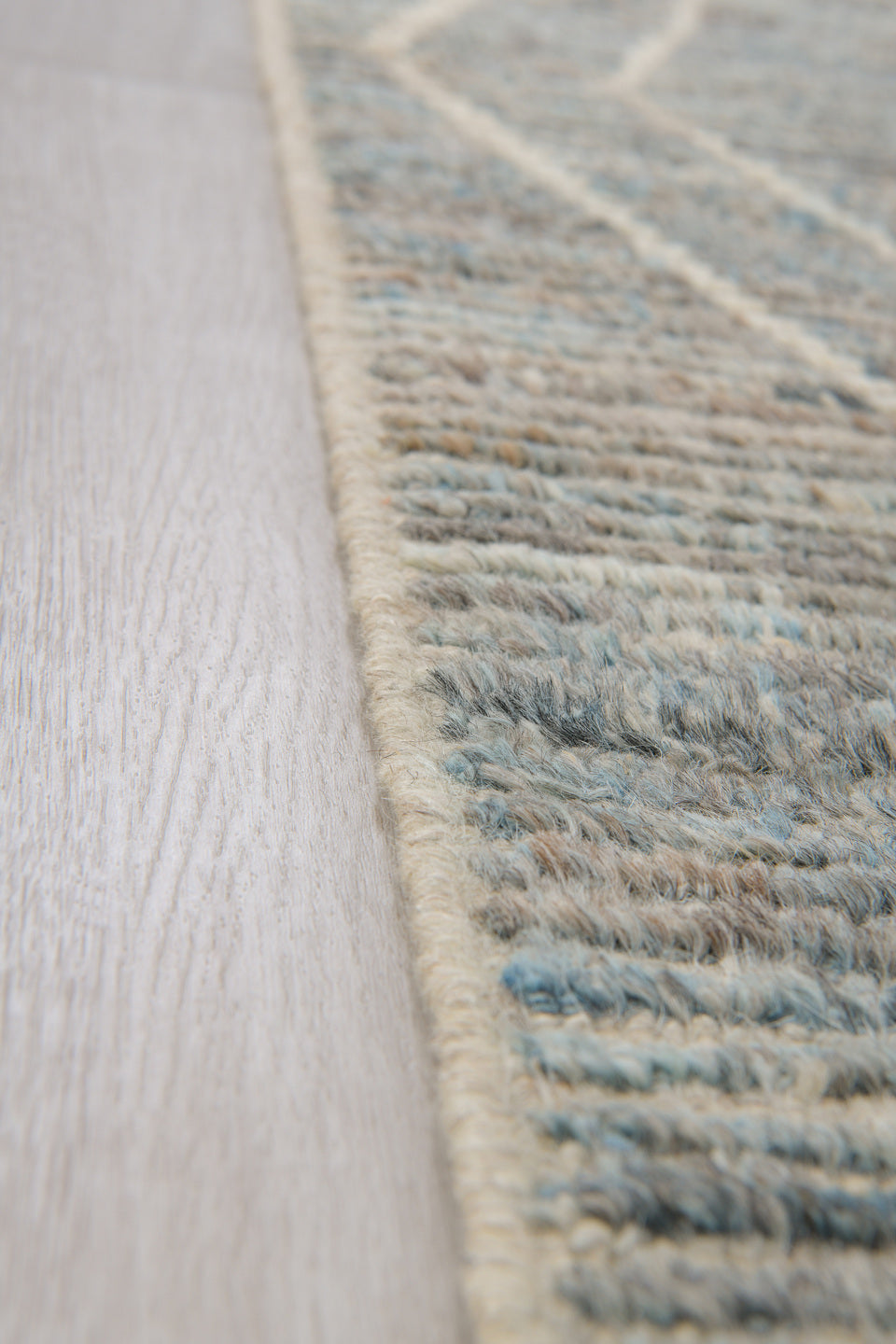 3' x 15' one-of-a-kind handmade vintage Tulu runner rug. Color palette: pale blue gray, ivory, taupe, cream, light brown