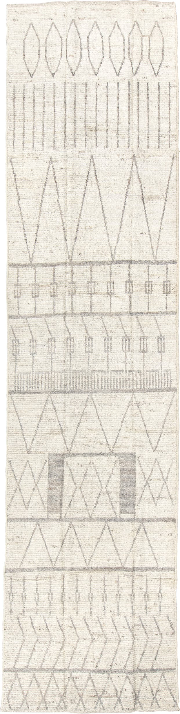 3' x 15' one-of-a-kind handmade vintage Tulu runner rug. Color palette: ivory, light gray, cream, taupe, beige, gray
