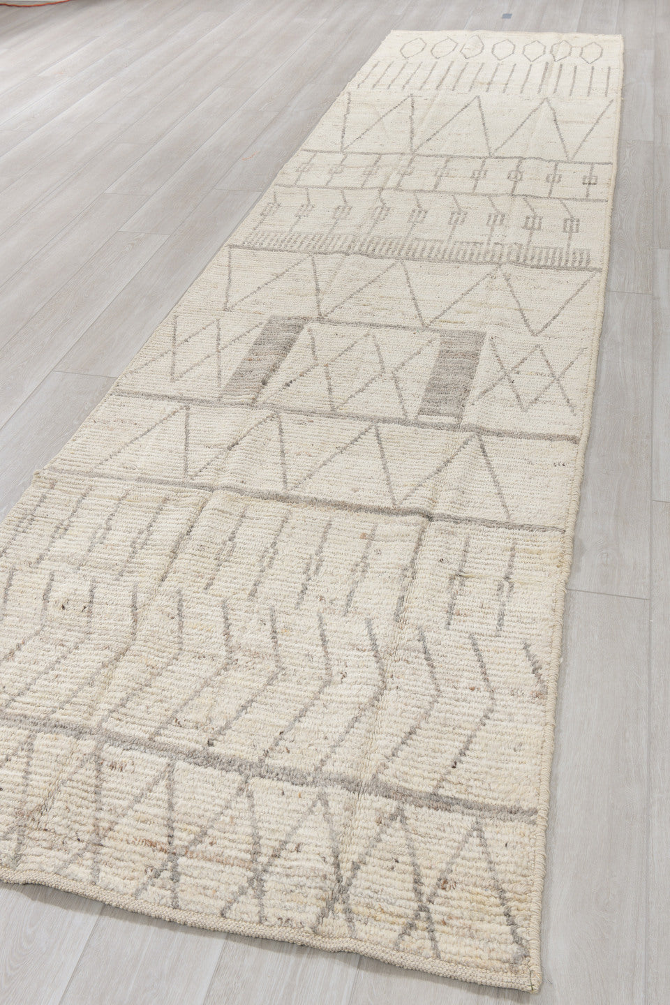 3' x 15' one-of-a-kind handmade vintage Tulu runner rug. Color palette: ivory, light gray, cream, taupe, beige, gray