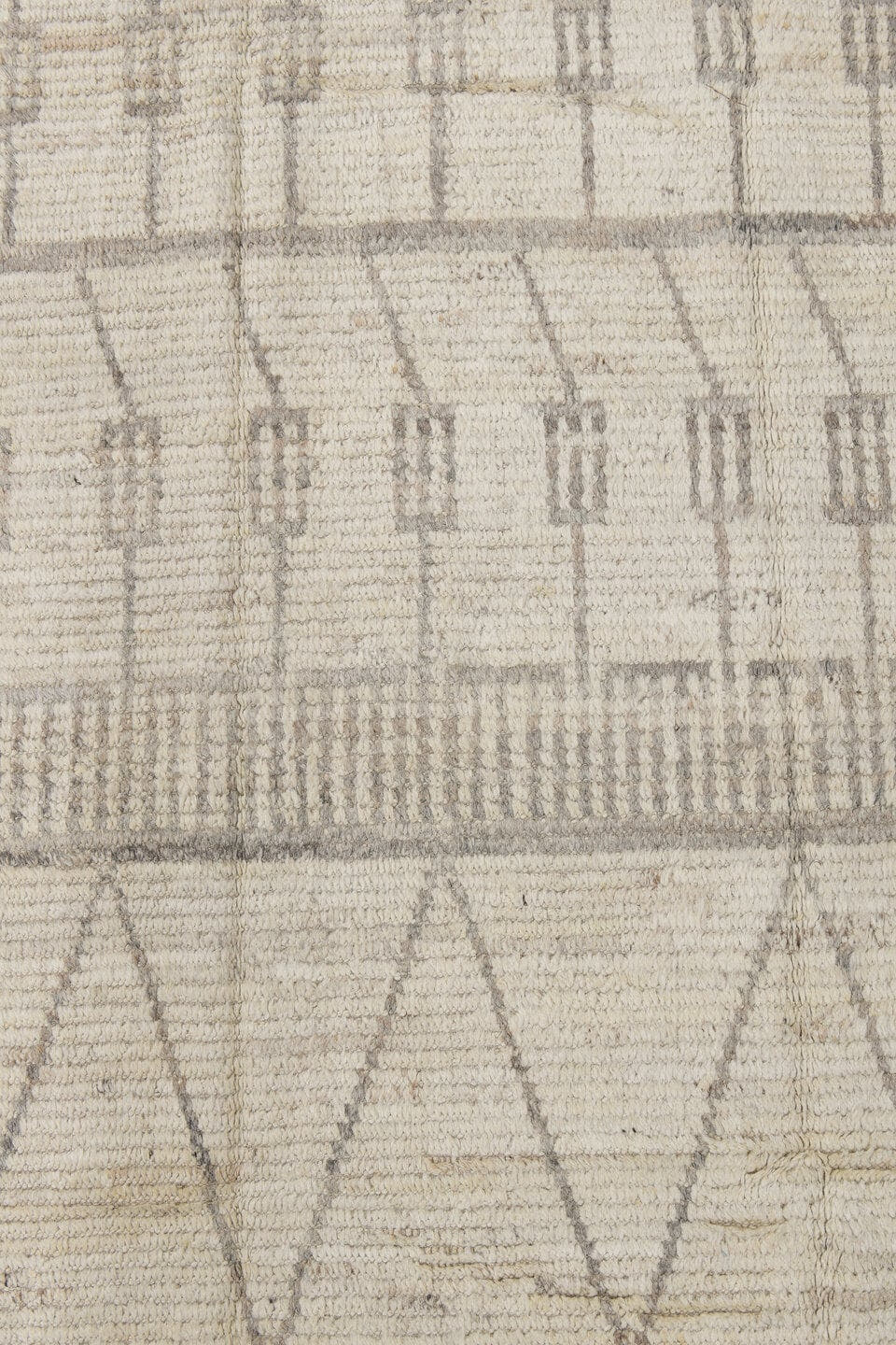 3' x 15' one-of-a-kind handmade vintage Tulu runner rug. Color palette: ivory, light gray, cream, taupe, beige, gray