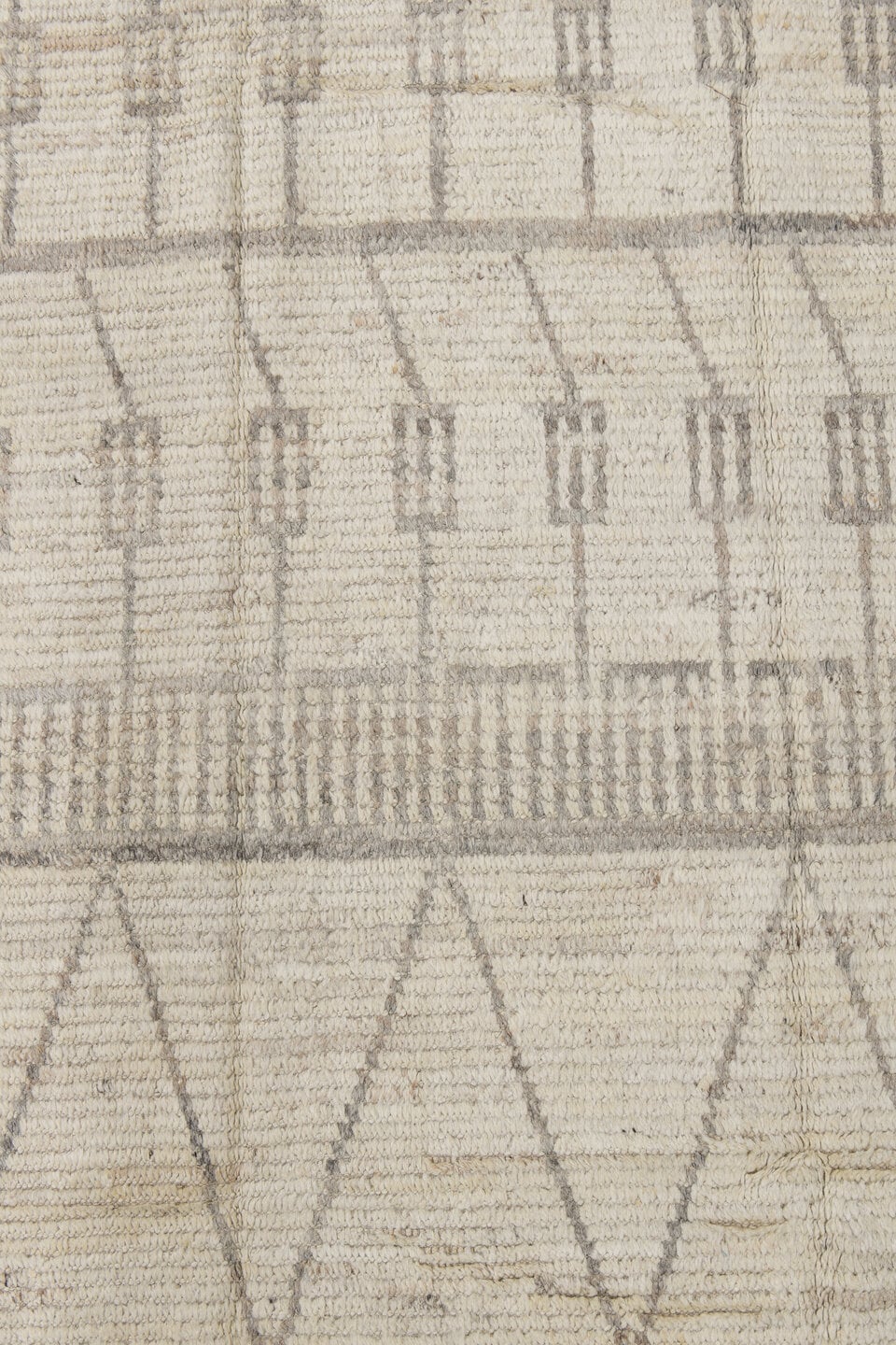 3' x 15' one-of-a-kind handmade vintage Tulu runner rug. Color palette: ivory, light gray, cream, taupe, beige, gray