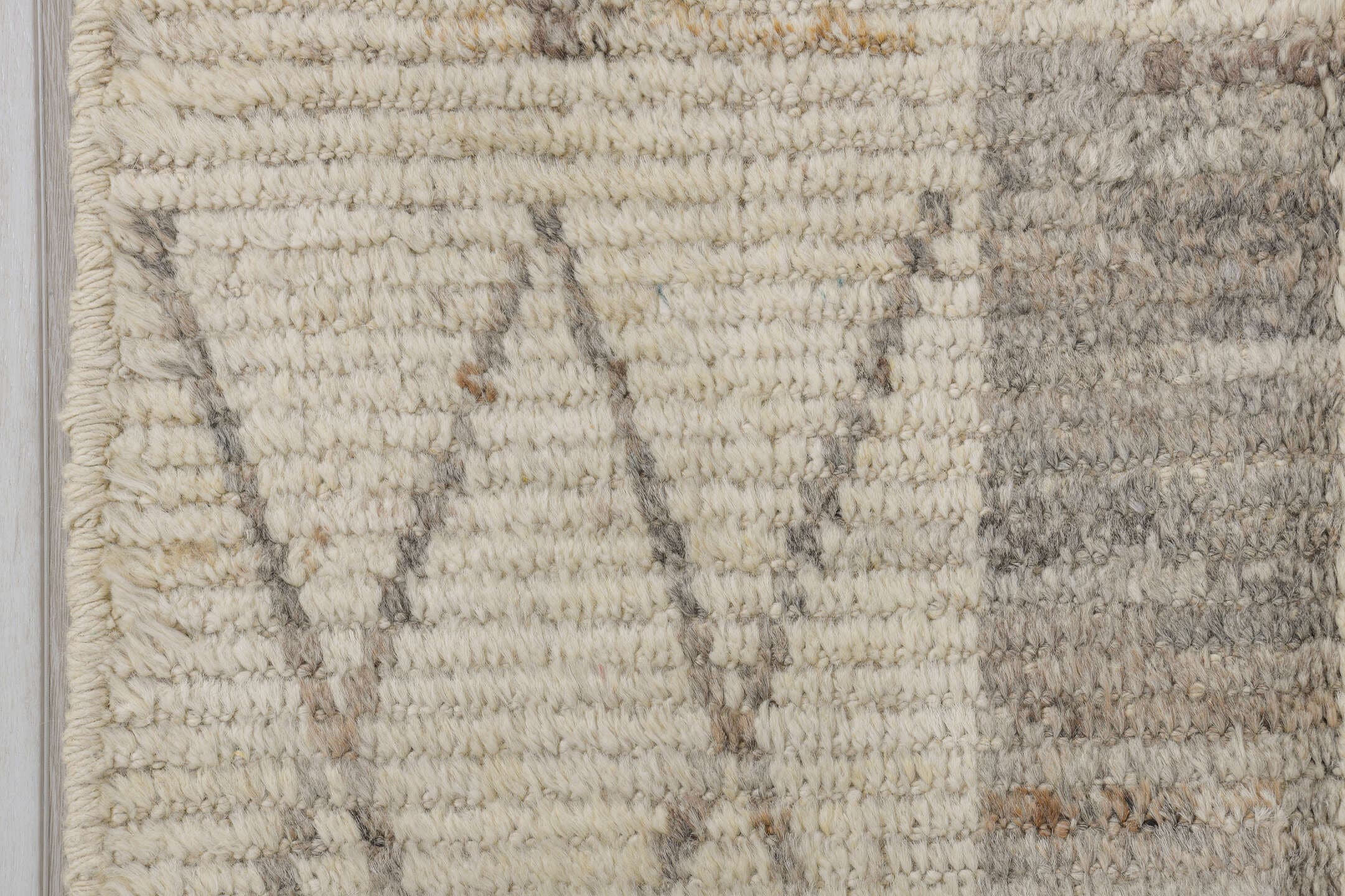 3' x 15' one-of-a-kind handmade vintage Tulu runner rug. Color palette: ivory, light gray, cream, taupe, beige, gray