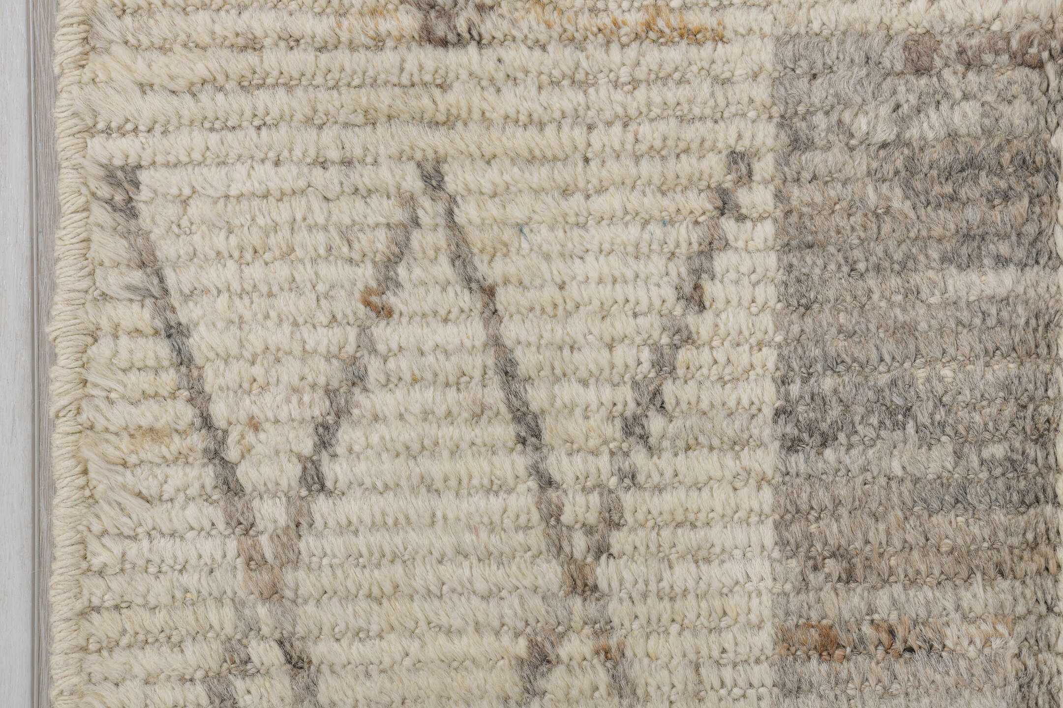 3' x 15' one-of-a-kind handmade vintage Tulu runner rug. Color palette: ivory, light gray, cream, taupe, beige, gray
