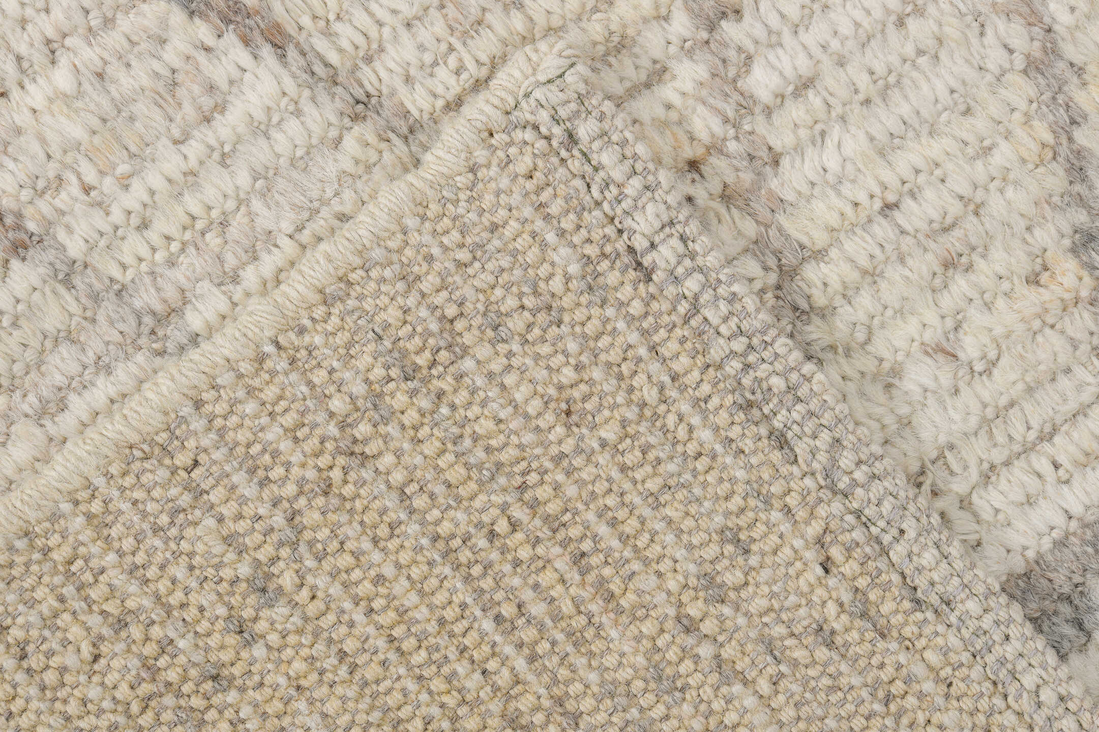 3' x 15' one-of-a-kind handmade vintage Tulu runner rug. Color palette: ivory, light gray, cream, taupe, beige, gray