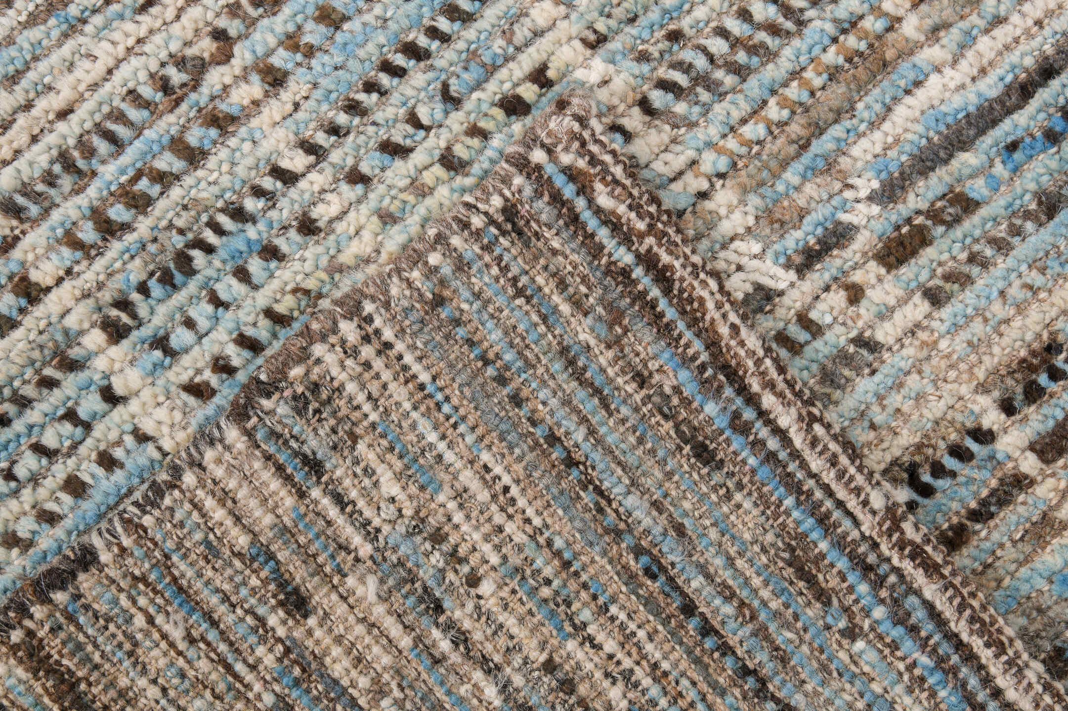 2' x 15' one-of-a-kind handmade vintage Tulu runner rug. Color palette: sky blue, ivory, charcoal, slate, taupe, light blue