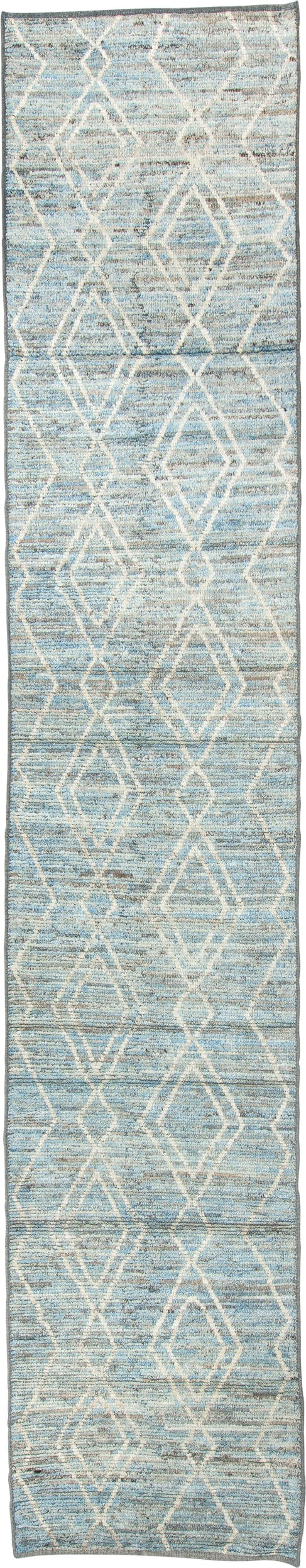 3' x 16' one-of-a-kind handmade vintage Tulu runner rug. Color palette: sky blue, ivory, slate, cream, light blue, gray