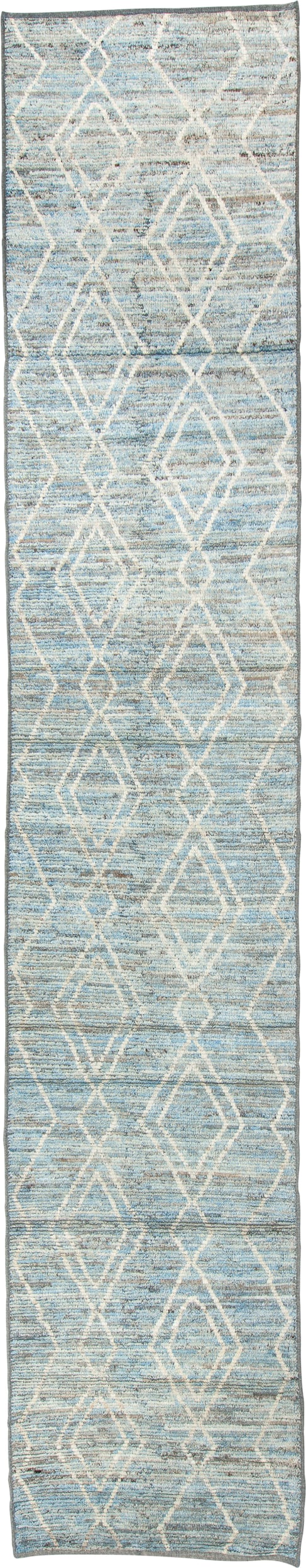 3' x 16' one-of-a-kind handmade vintage Tulu runner rug. Color palette: sky blue, ivory, slate, cream, light blue, gray