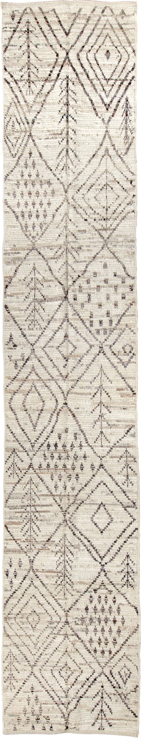 3' x 16' one-of-a-kind handmade vintage Tulu runner rug. Color palette: ivory, taupe, charcoal, cream, pewter, beige, gray
