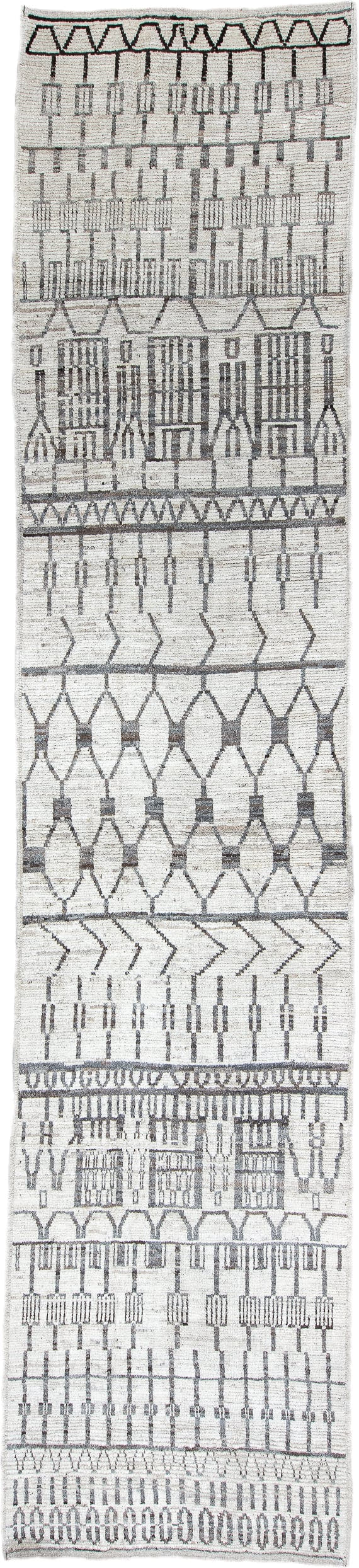 4' x 18' one-of-a-kind handmade vintage Tulu runner rug. Color palette: ivory, charcoal, gray, black