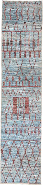 3' x 16' one-of-a-kind handmade vintage Tulu runner rug. Color palette: light blue, rust, ivory, taupe, slate, terracotta