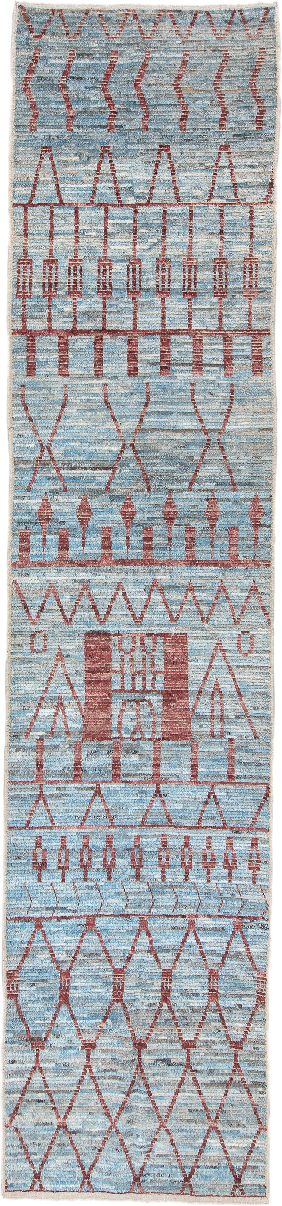 3' x 16' one-of-a-kind handmade vintage Tulu runner rug. Color palette: light blue, rust, ivory, taupe, slate, terracotta