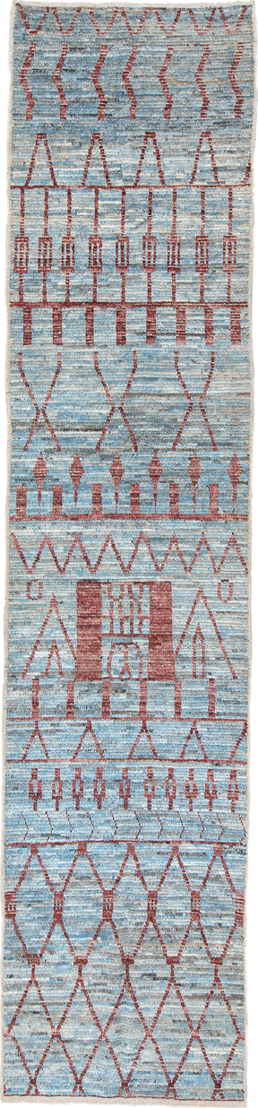3' x 16' one-of-a-kind handmade vintage Tulu runner rug. Color palette: light blue, rust, ivory, taupe, slate, terracotta