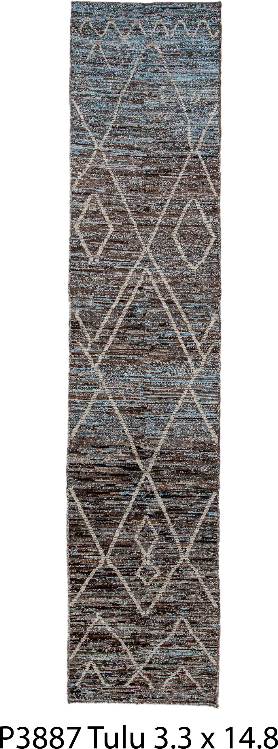 3' x 14' one-of-a-kind handmade vintage Tulu runner rug. Color palette: brown, ivory, sky_blue, taupe, charcoal, light blue