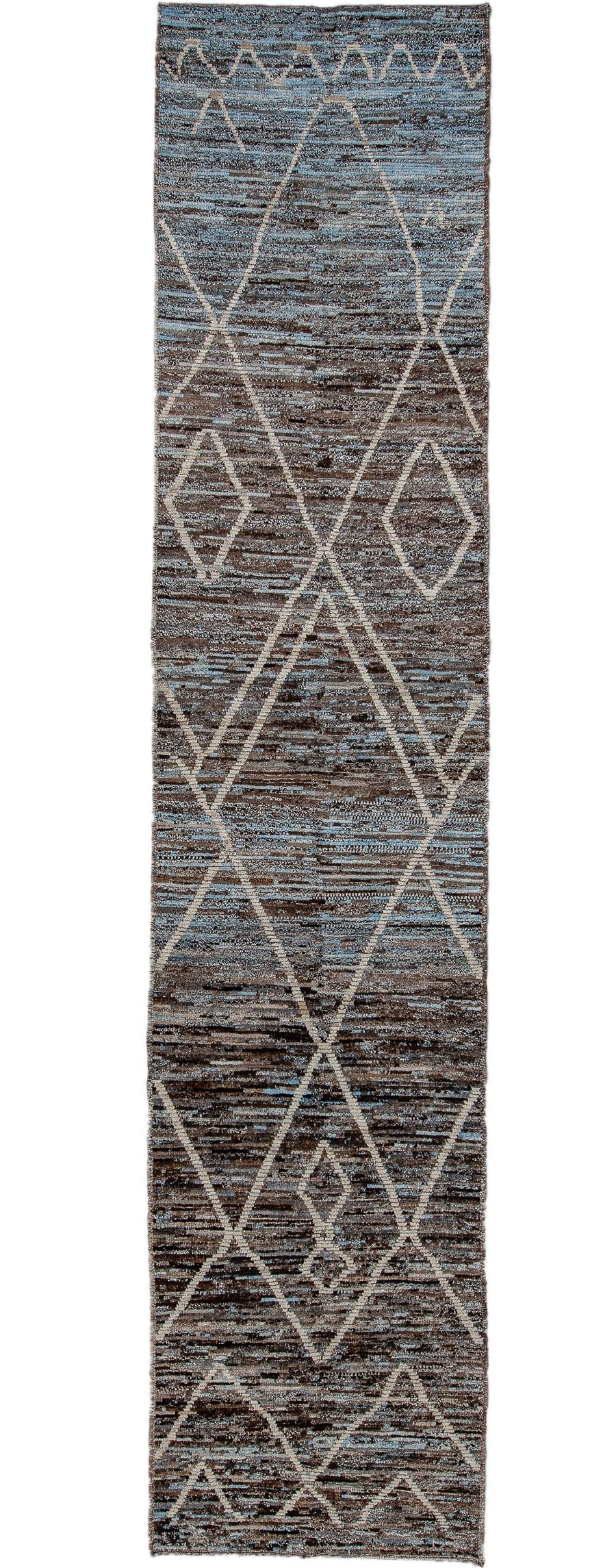 3' x 14' one-of-a-kind handmade vintage Tulu runner rug. Color palette: brown, ivory, sky blue, taupe, charcoal, light blue