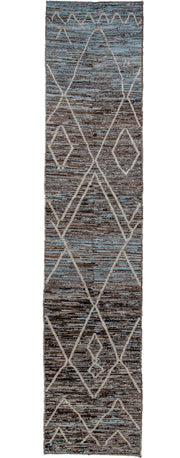 3' x 14' one-of-a-kind handmade vintage Tulu runner rug. Color palette: brown, ivory, sky blue, taupe, charcoal, light blue