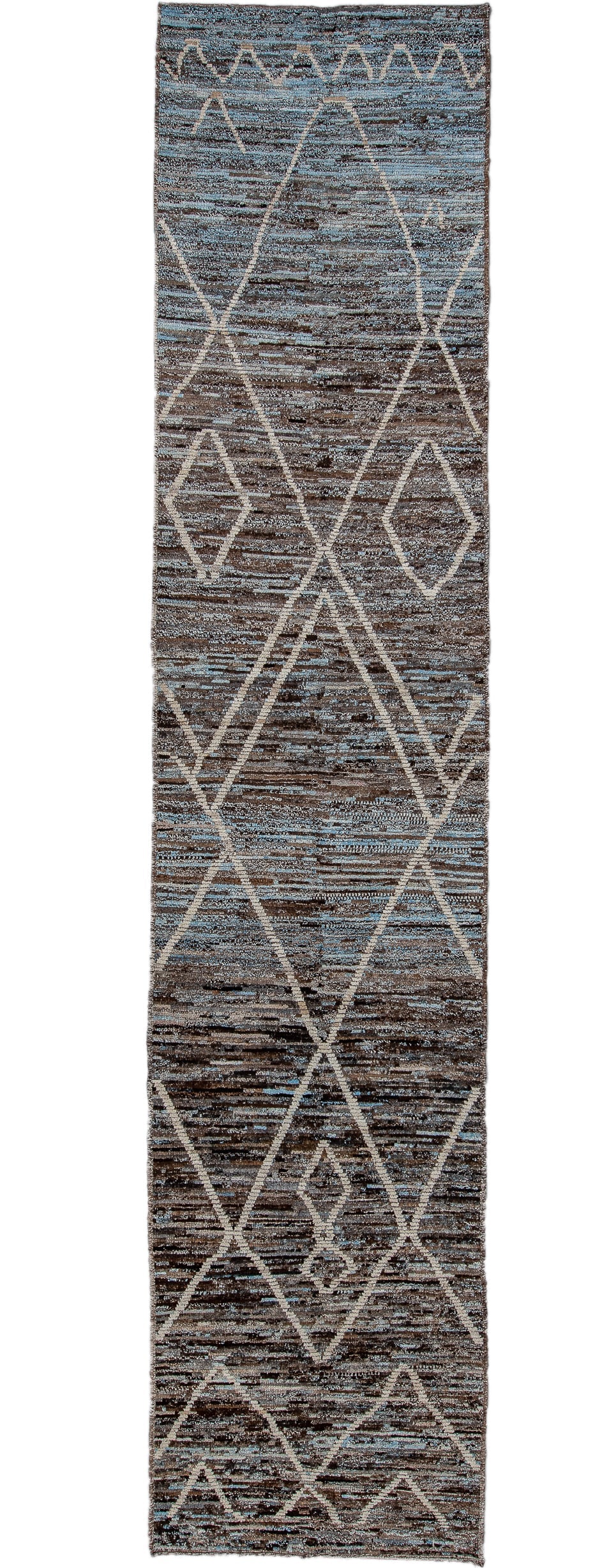 3' x 14' one-of-a-kind handmade vintage Tulu runner rug. Color palette: brown, ivory, sky blue, taupe, charcoal, light blue