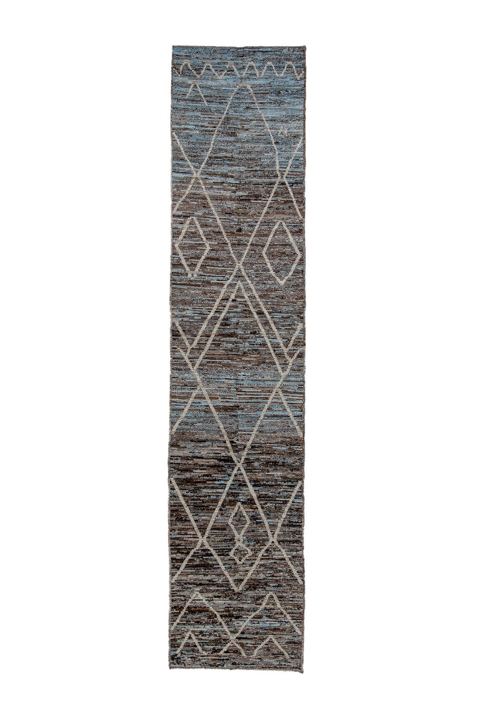 3' x 14' one-of-a-kind handmade vintage Tulu runner rug. Color palette: brown, ivory, sky_blue, taupe, charcoal, light blue