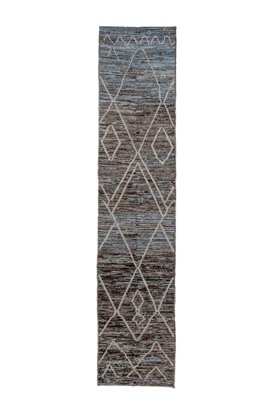 3' x 14' one-of-a-kind handmade vintage Tulu runner rug. Color palette: brown, ivory, sky_blue, taupe, charcoal, light blue