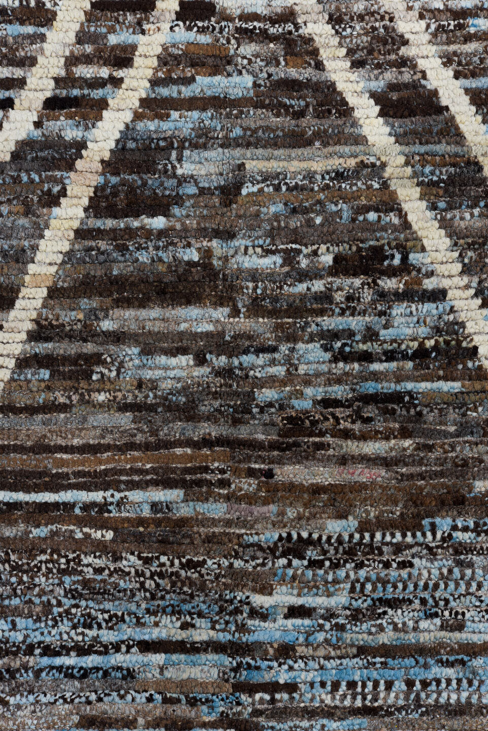 3' x 14' one-of-a-kind handmade vintage Tulu runner rug. Color palette: brown, ivory, sky_blue, taupe, charcoal, light blue