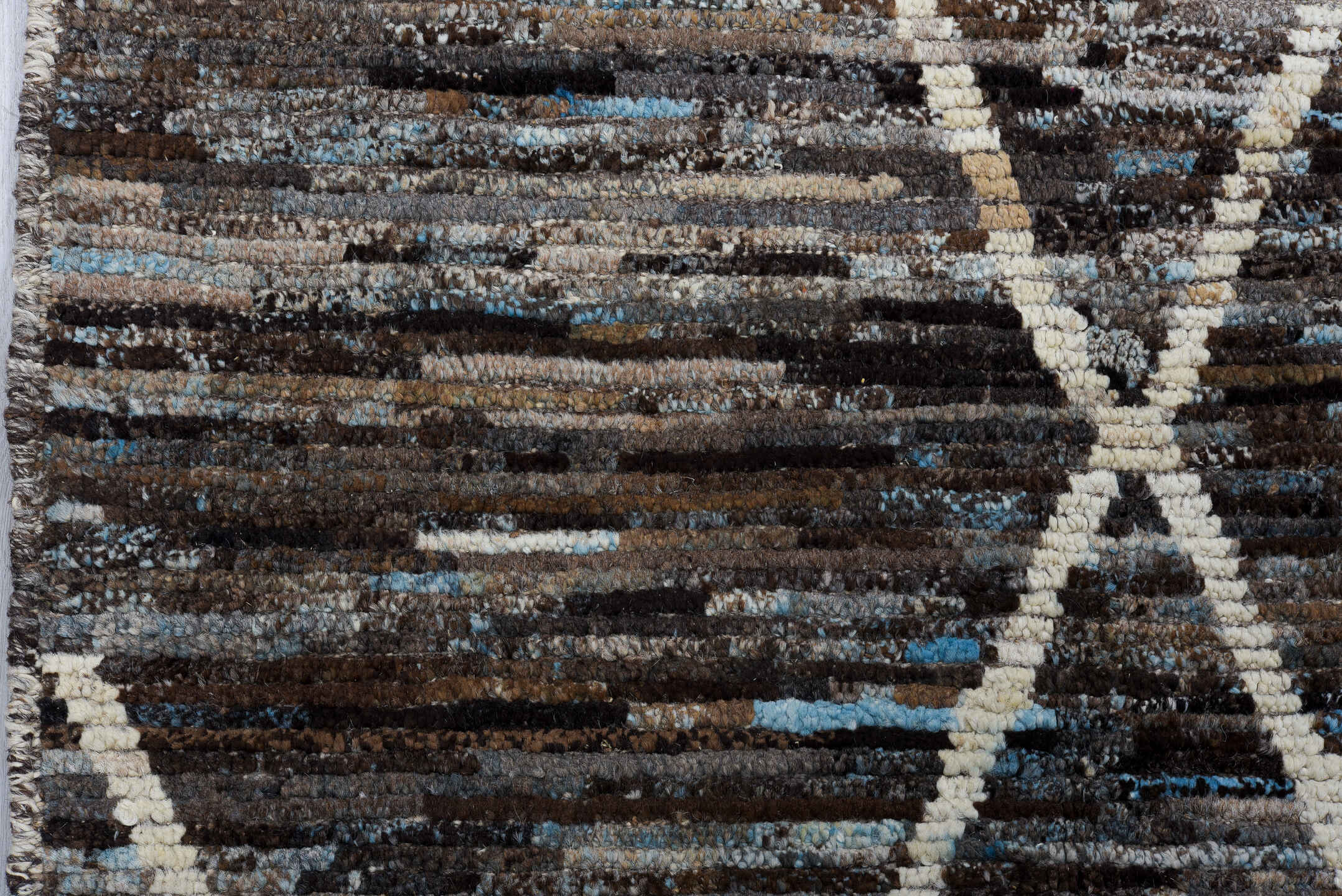3' x 14' one-of-a-kind handmade vintage Tulu runner rug. Color palette: brown, ivory, sky_blue, taupe, charcoal, light blue