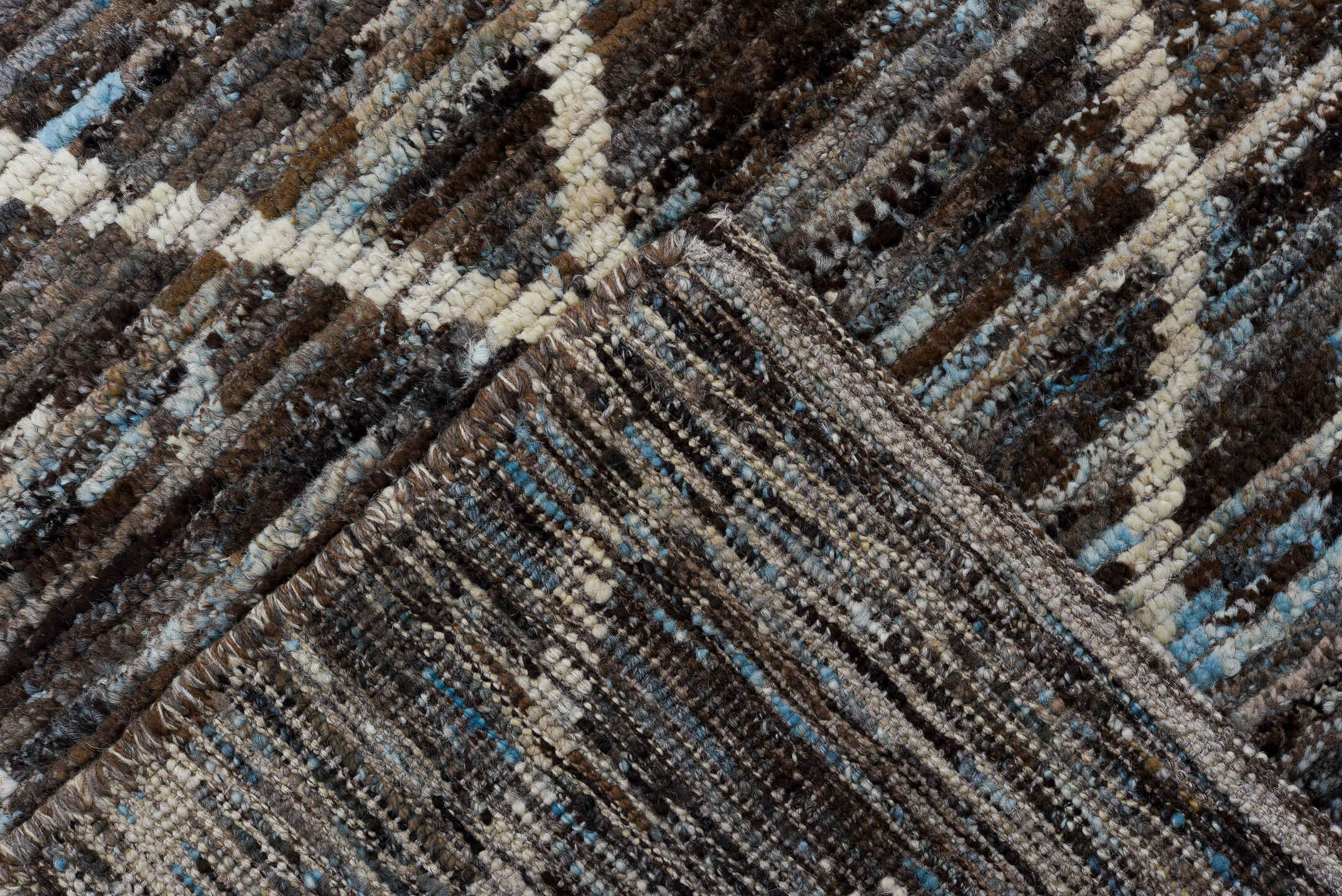 3' x 14' one-of-a-kind handmade vintage Tulu runner rug. Color palette: brown, ivory, sky_blue, taupe, charcoal, light blue