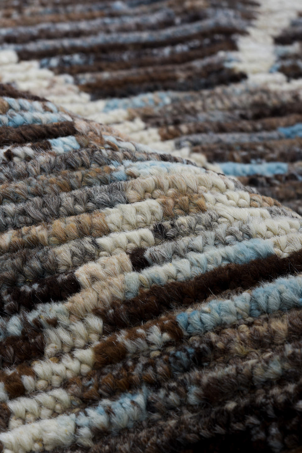 3' x 14' one-of-a-kind handmade vintage Tulu runner rug. Color palette: brown, ivory, sky_blue, taupe, charcoal, light blue