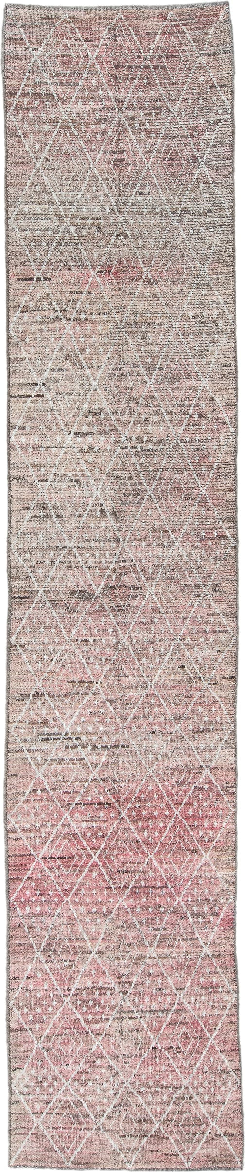 3' x 16' one-of-a-kind handmade vintage Tulu runner rug. Color palette: blush, ivory, taupe, charcoal, rose, brown, pink
