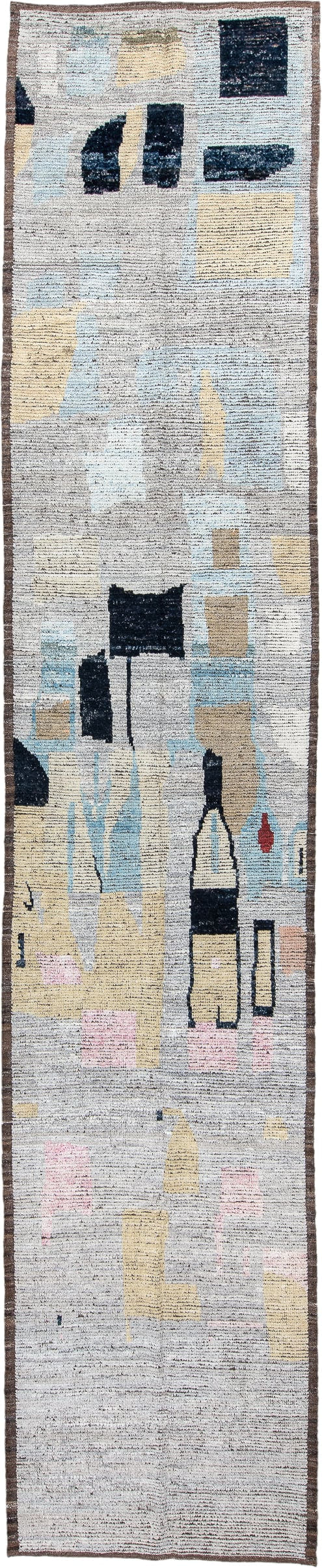 3' x 16' one-of-a-kind handmade vintage Tulu runner rug. Color palette: ivory, taupe, pale blue, sand, charcoal, blush