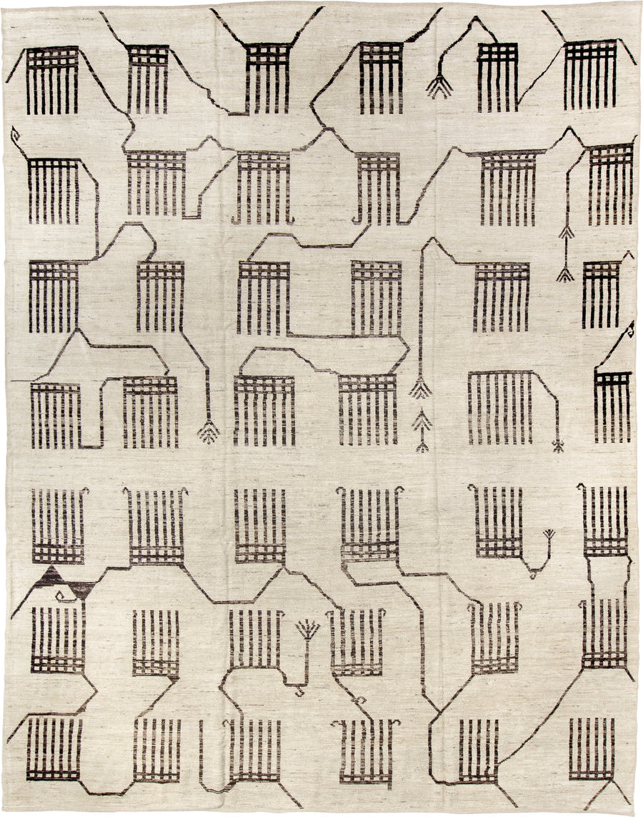 10' x 13' one-of-a-kind handmade vintage Tulu oversize rug. Color palette: ivory, dark brown, taupe, brown, beige, gray