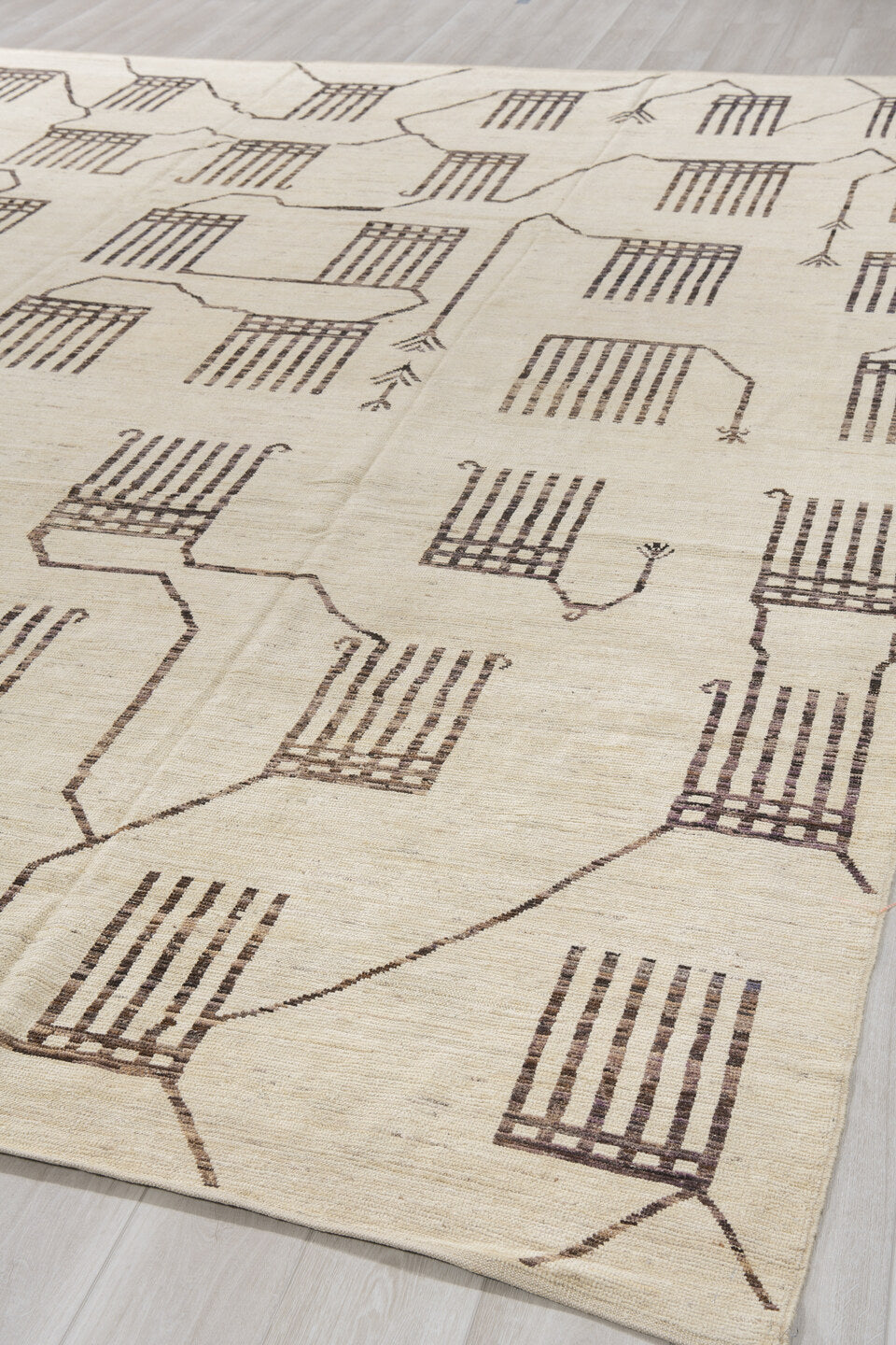 10' x 13' one-of-a-kind handmade vintage Tulu oversize rug. Color palette: ivory, dark brown, taupe, brown, beige, gray