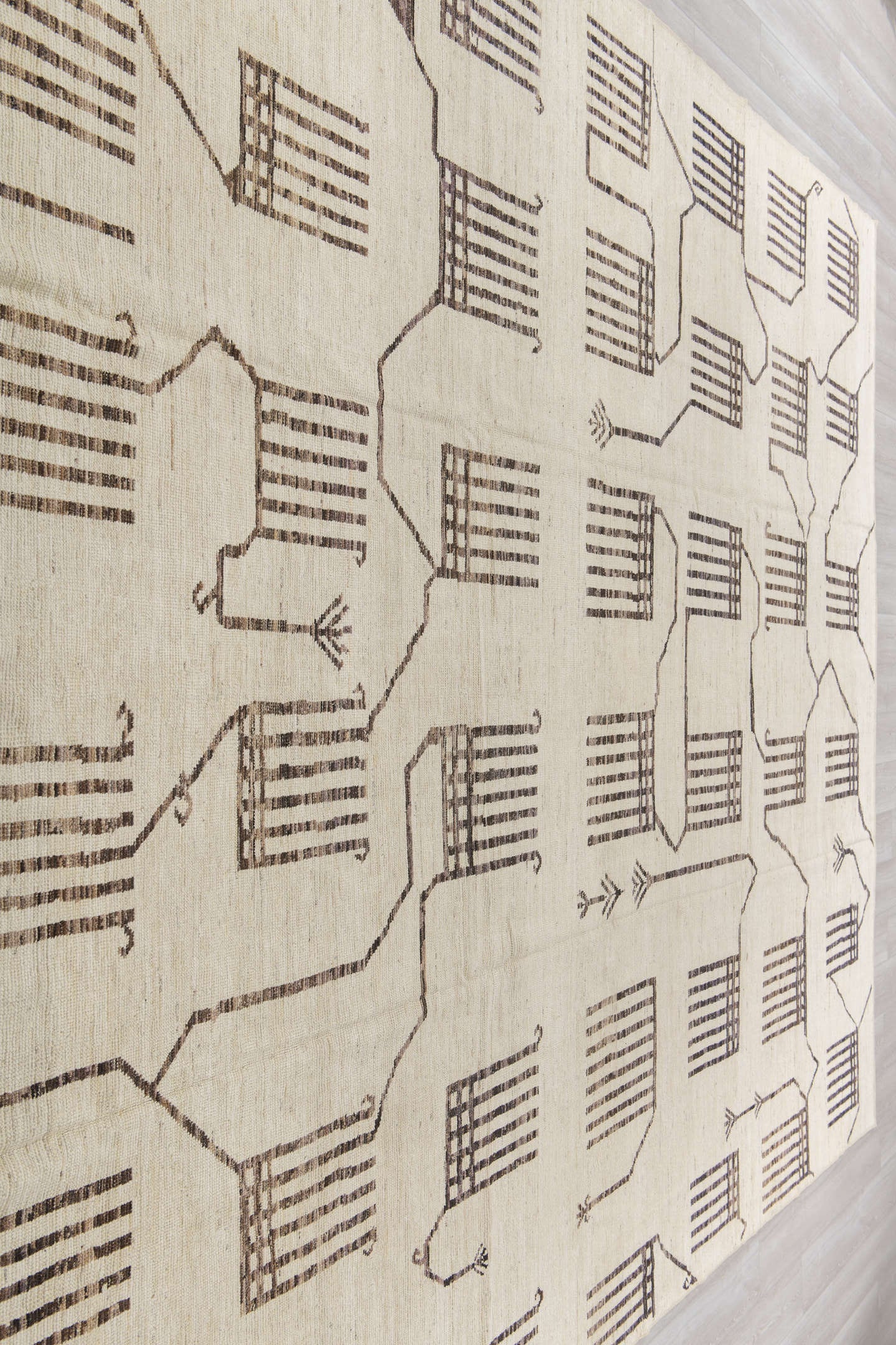 10' x 13' one-of-a-kind handmade vintage Tulu oversize rug. Color palette: ivory, dark brown, taupe, brown, beige, gray