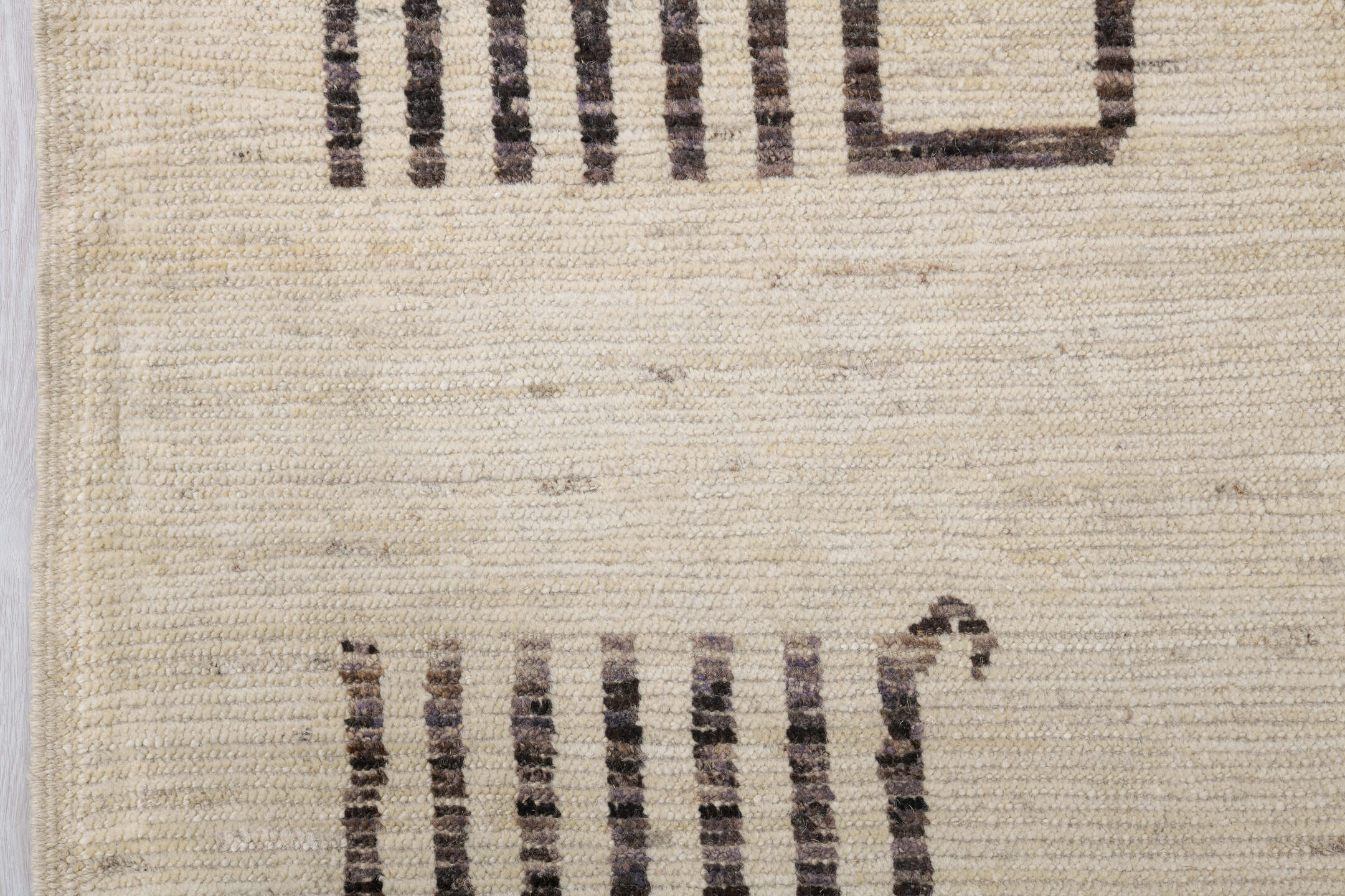 10' x 13' one-of-a-kind handmade vintage Tulu oversize rug. Color palette: ivory, dark brown, taupe, brown, beige, gray