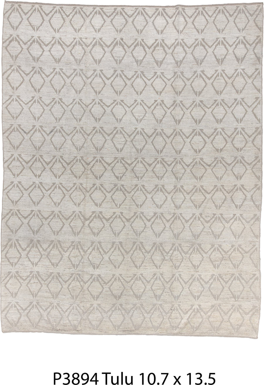 10' x 13' one-of-a-kind handmade vintage Tulu large size rug. Color palette: ivory, taupe, beige, cream, gray
