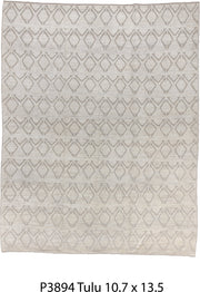 10' x 13' one-of-a-kind handmade vintage Tulu large size rug. Color palette: ivory, taupe, beige, cream, gray