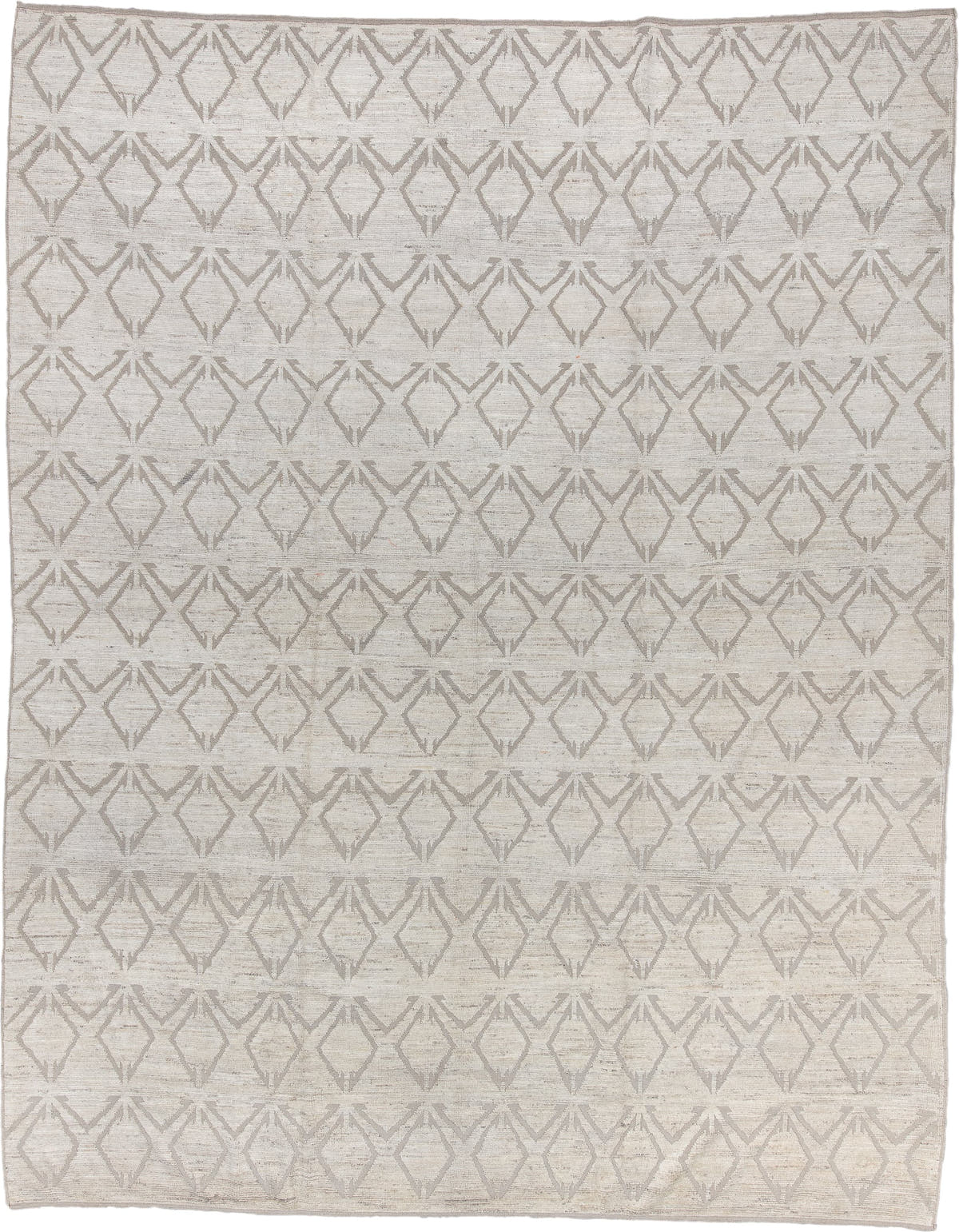 10' x 13' one-of-a-kind handmade vintage Tulu oversize rug. Color palette: ivory, taupe, beige, cream, gray