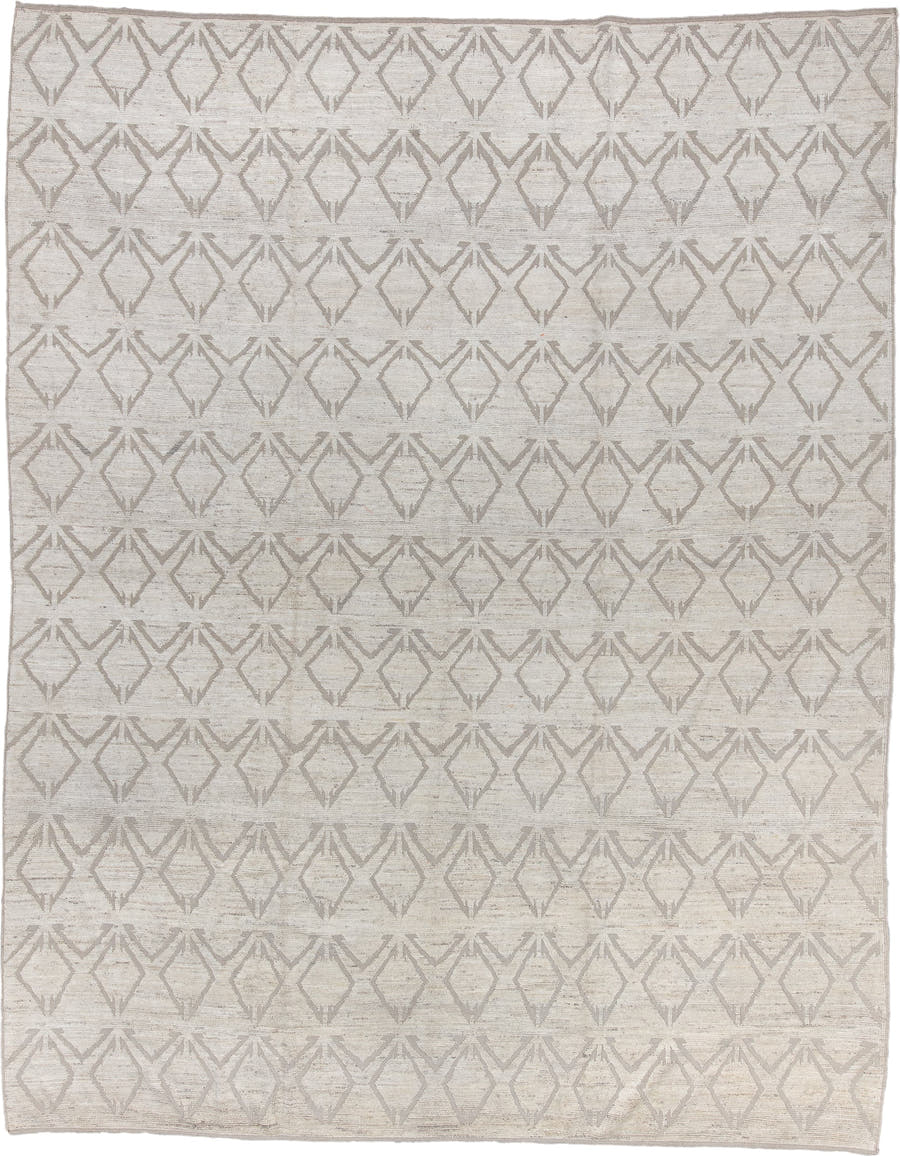 10' x 13' one-of-a-kind handmade vintage Tulu oversize rug. Color palette: ivory, taupe, beige, cream, gray